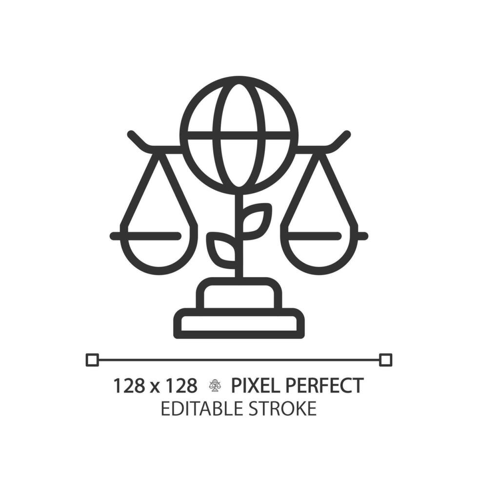 Environmental law pixel perfect linear icon. Protecting natural ecosystems with legal rules. Global regulation. Thin line illustration. Contour symbol. Vector outline drawing. Editable stroke