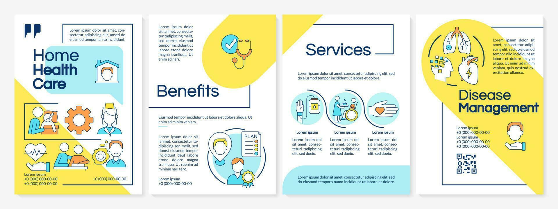 Home health care blue and yellow brochure template. Leaflet design with linear icons. Editable 4 vector layouts for presentation, annual reports