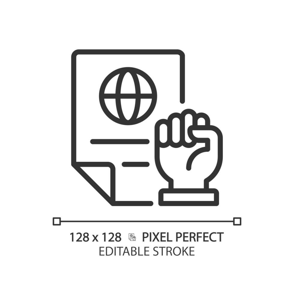 Rights protecting law pixel perfect linear icon. International agreement of people safety. Legal documents. Thin line illustration. Contour symbol. Vector outline drawing. Editable stroke