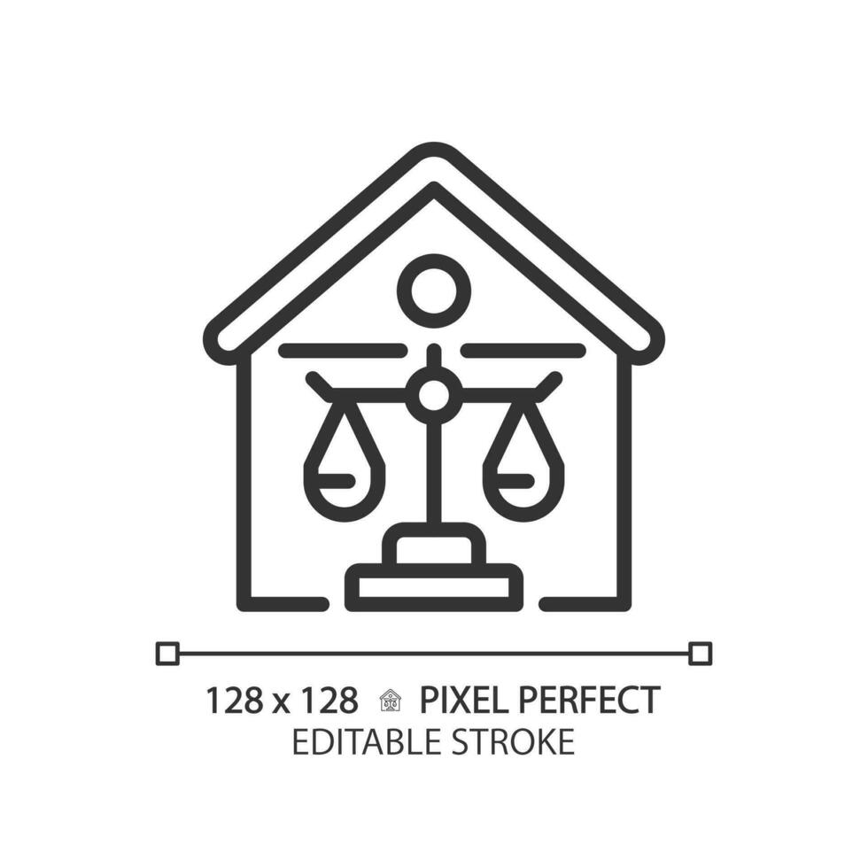 Property law pixel perfect linear icon. Real estate legal owning. Housing regulation by legislative system. Thin line illustration. Contour symbol. Vector outline drawing. Editable stroke