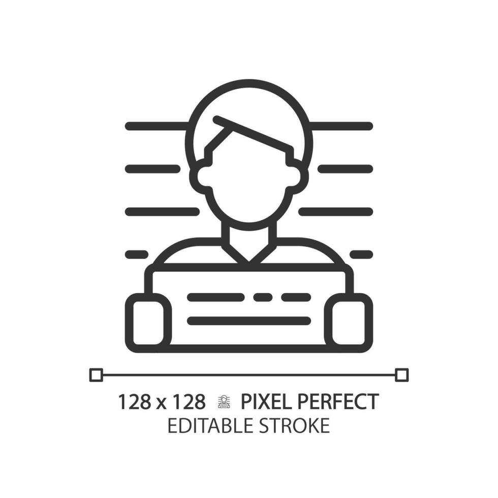 Suspected pixel perfect linear icon. Arrest of criminal person. Case investigation with legal laws. Judgement. Thin line illustration. Contour symbol. Vector outline drawing. Editable stroke