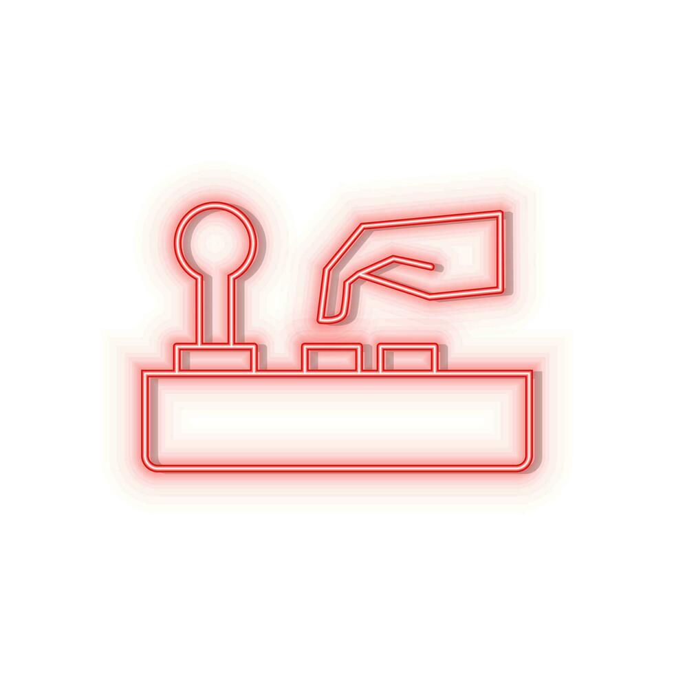 Neon icons. Arcade joystick game. Red   neon vector icon on darken background