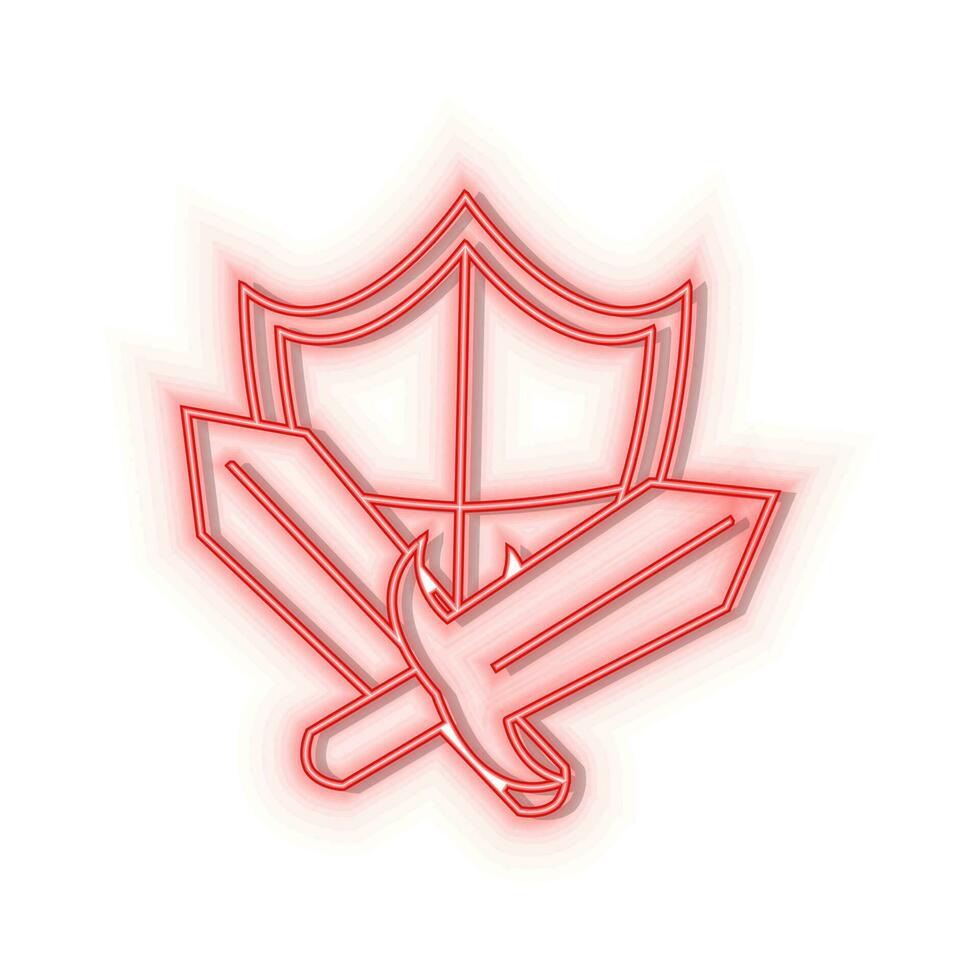 Neon icons. Sward shield retro game element. Red   neon vector icon on darken background