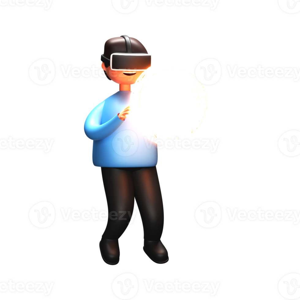 3D Rendering of a Male Character wearing VR Goggle and Touching Virtual Wireframed Globe. png