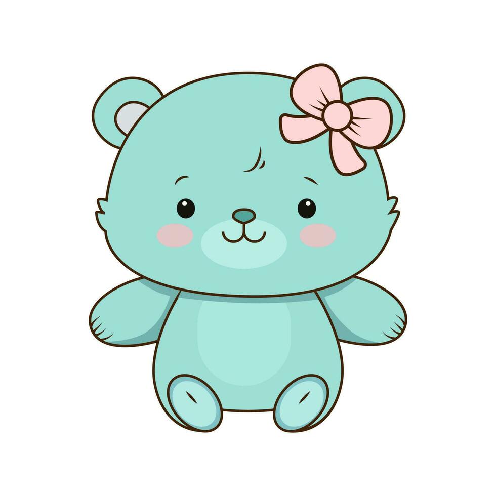 Vector Cute Cartoon Teddy Bear girl with pink Bow icon. Vector Turquoise bear sitting on the floor icon.