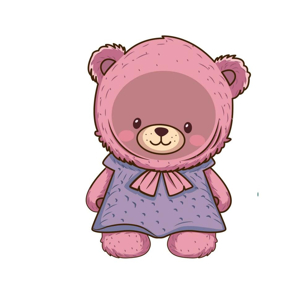 Vector cute pink bear doll with bow icon. Vector Playful bright pink bear sitting icon.