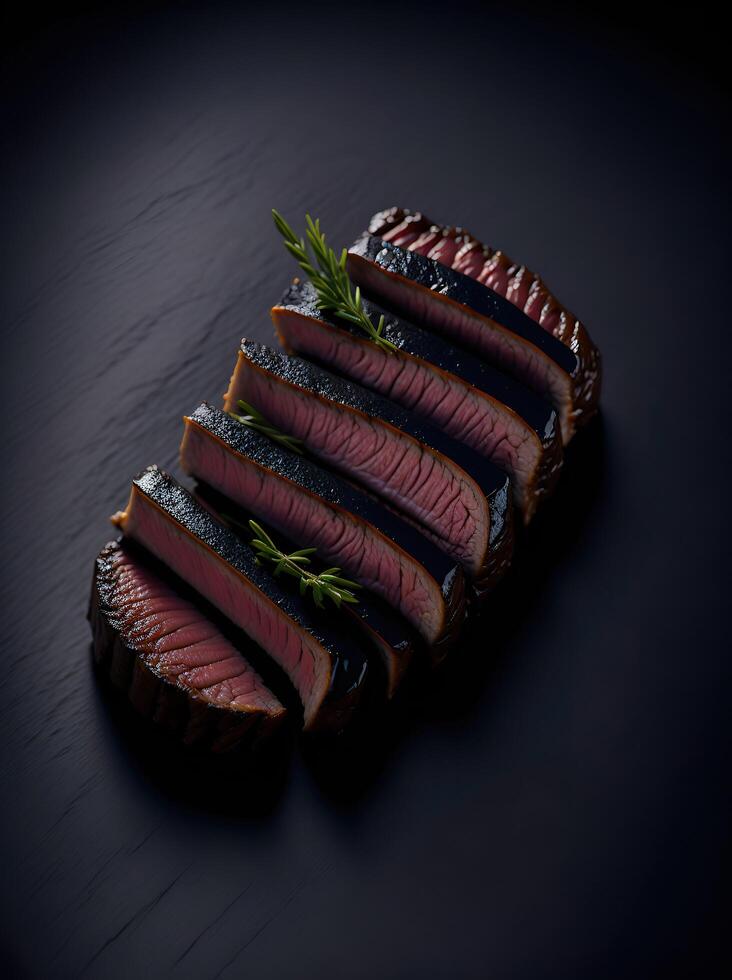 A piece of steak with a sprig of rosemary on it photo