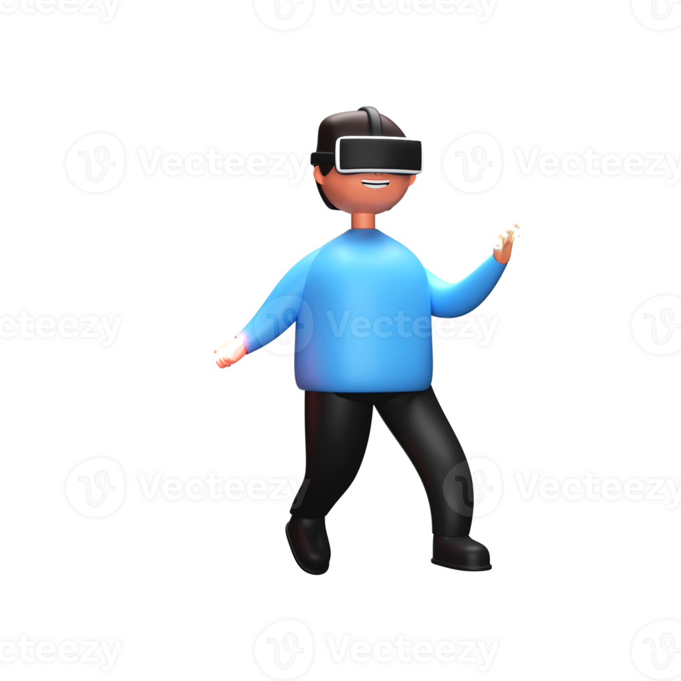 3d representación de un masculino personaje vistiendo vr mirada sorprendida y jugando con focos virtual césped. png