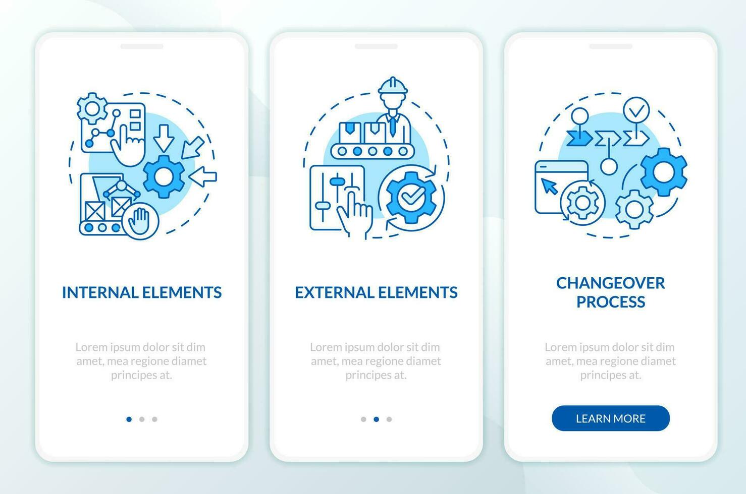 SMED concepts blue onboarding mobile app screen. Quick changeover walkthrough 3 steps editable graphic instructions with linear concepts. UI, UX, GUI template vector