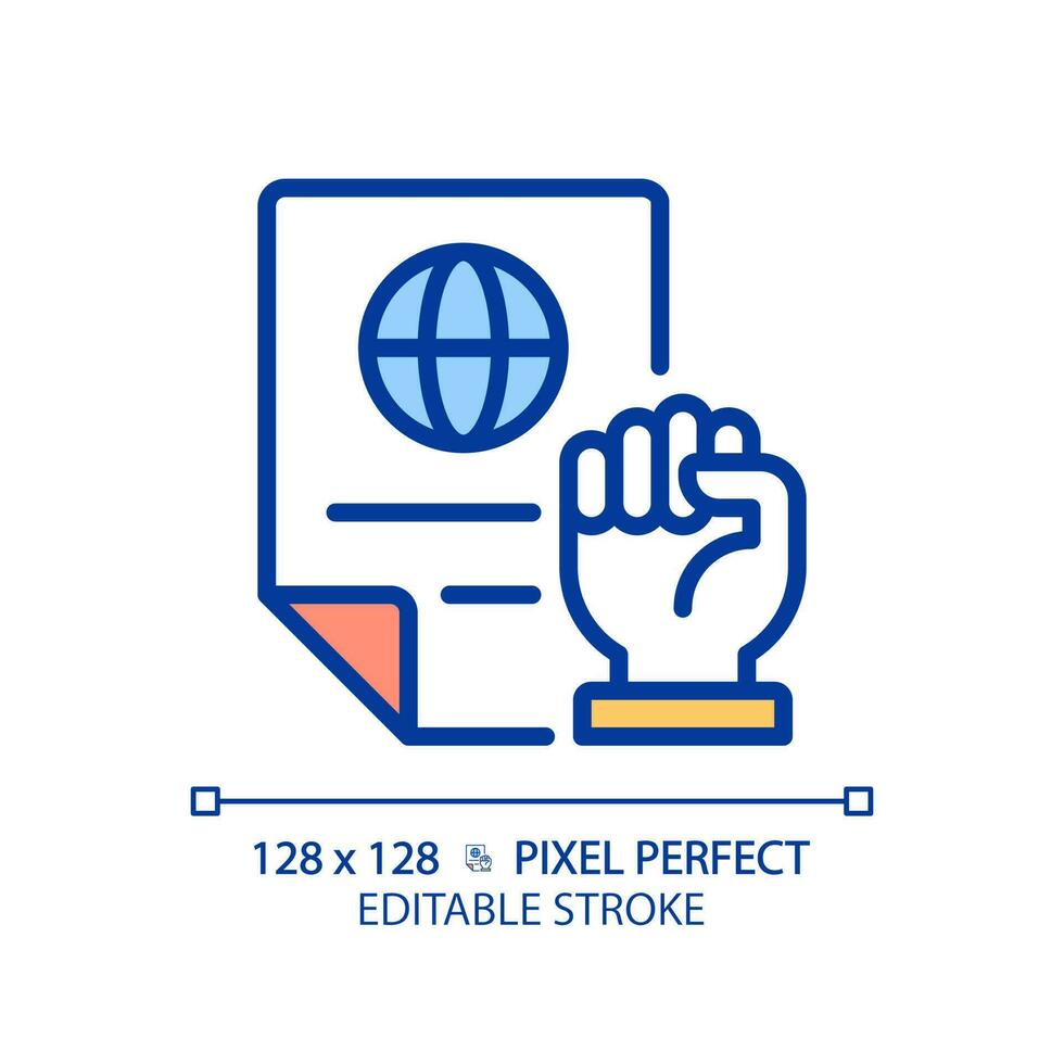 Rights protecting law pixel perfect RGB color icon. International agreement of people safety. Legal documents. Isolated vector illustration. Simple filled line drawing. Editable stroke
