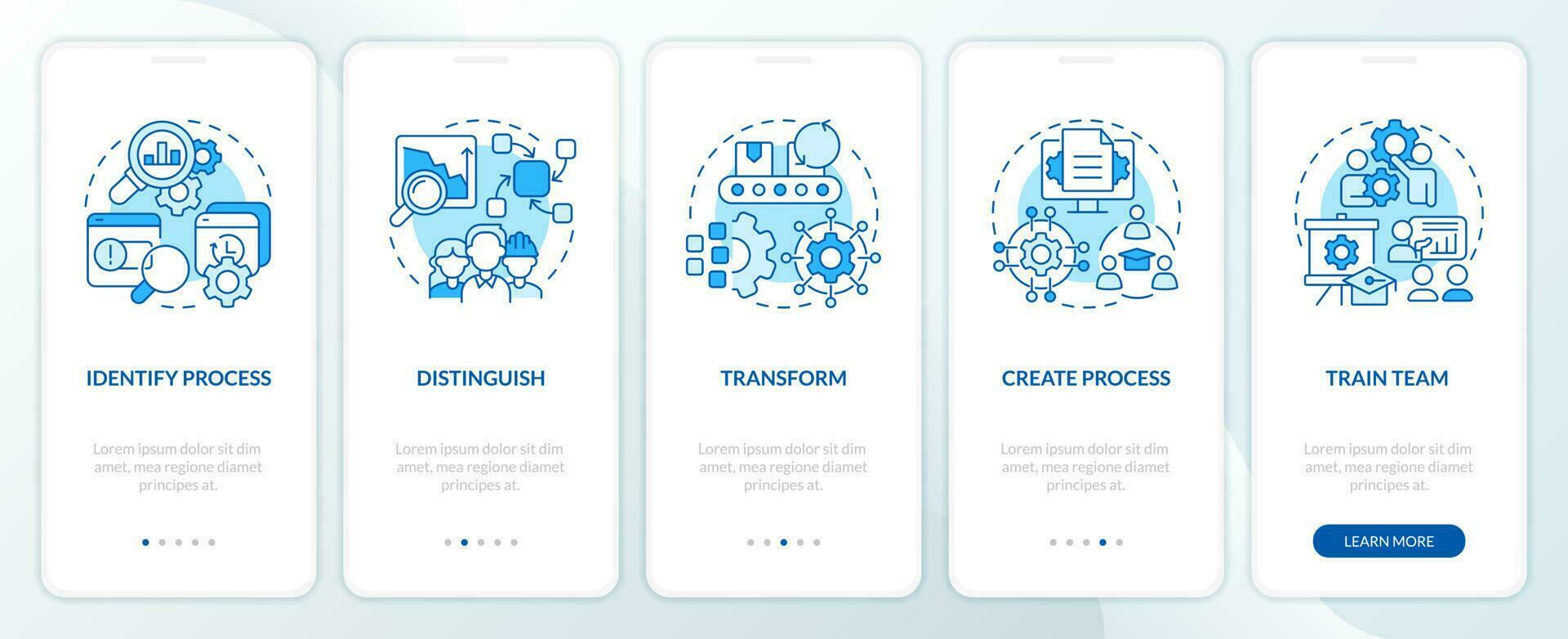 How can you use SMED blue onboarding mobile app screen. Work processes walkthrough 5 steps editable graphic instructions with linear concepts. UI, UX, GUI template vector
