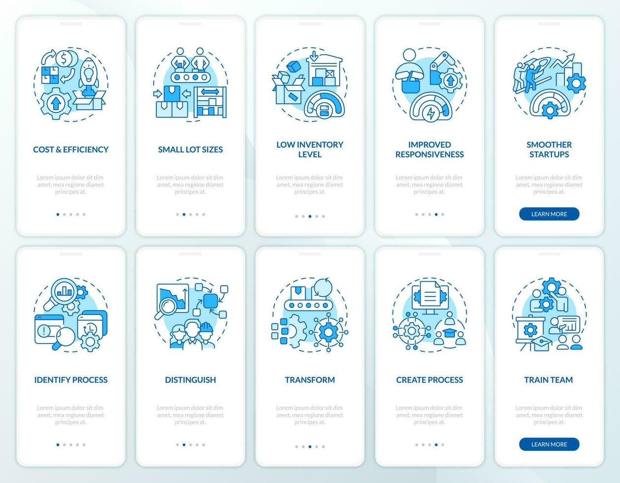 SMED system blue onboarding mobile app screen set. Lean manufacturing walkthrough 5 steps editable graphic instructions with linear concepts. UI, UX, GUI template vector