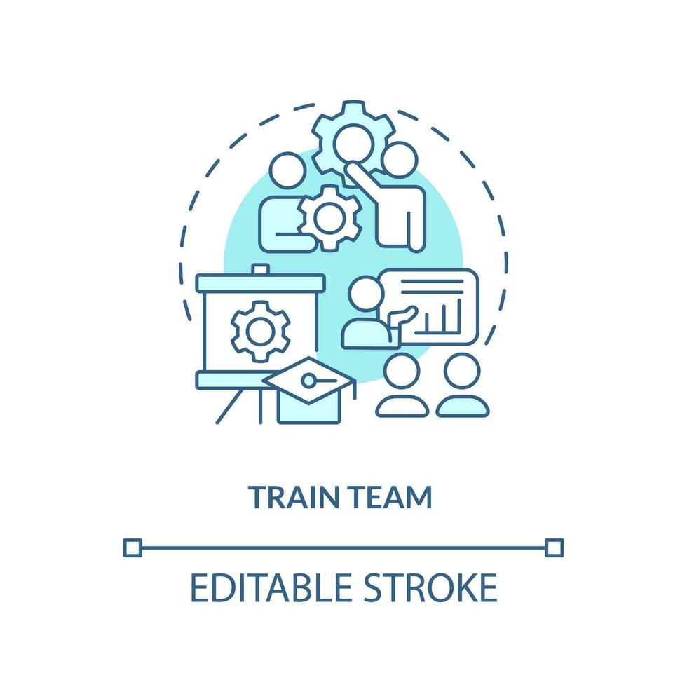 Train team turquoise concept icon. Increase productivity. Coaching employees abstract idea thin line illustration. Isolated outline drawing. Editable stroke vector