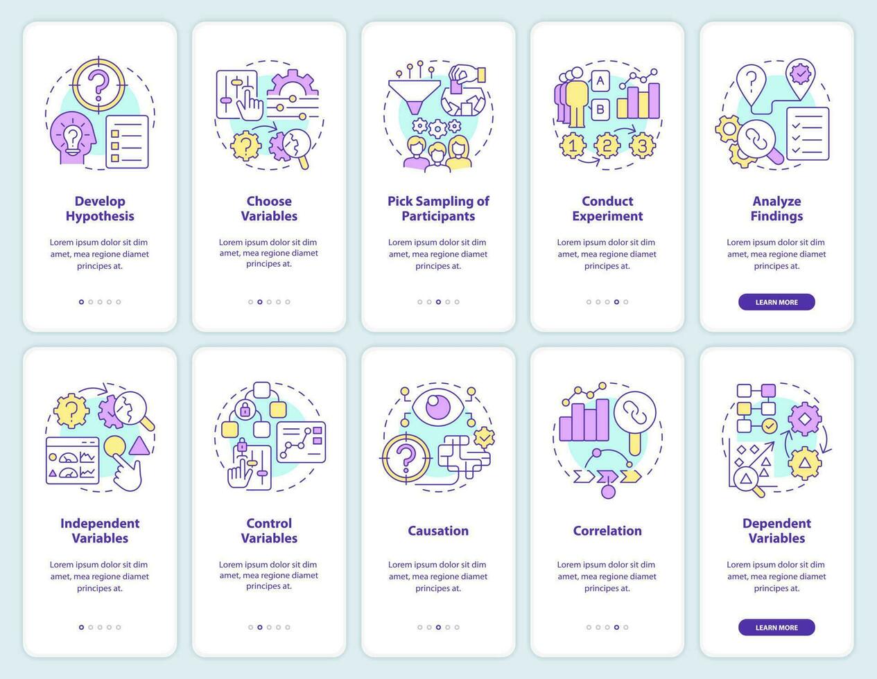 Causal research onboarding mobile app screens set. Business analytics. Walkthrough 5 steps editable graphic instructions with linear concepts. UI, UX, GUI template vector