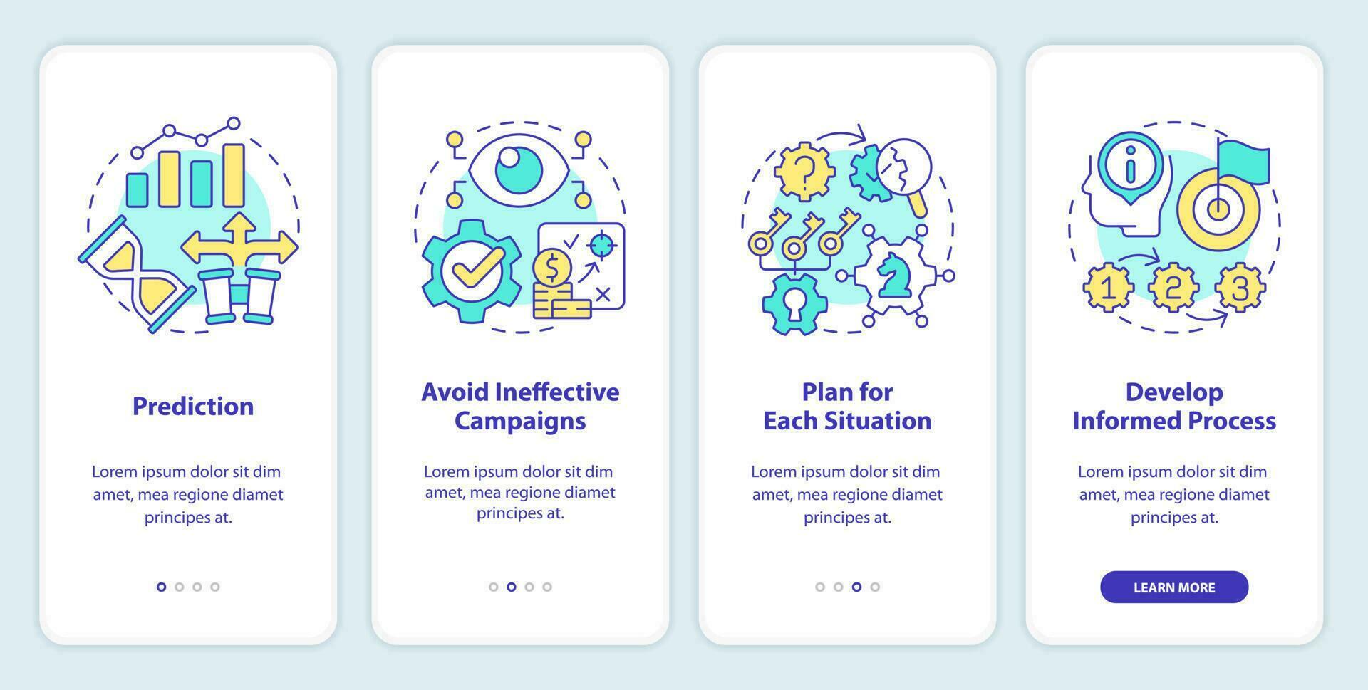 Causal research benefits onboarding mobile app screen. Walkthrough 4 steps editable graphic instructions with linear concepts. UI, UX, GUI template vector