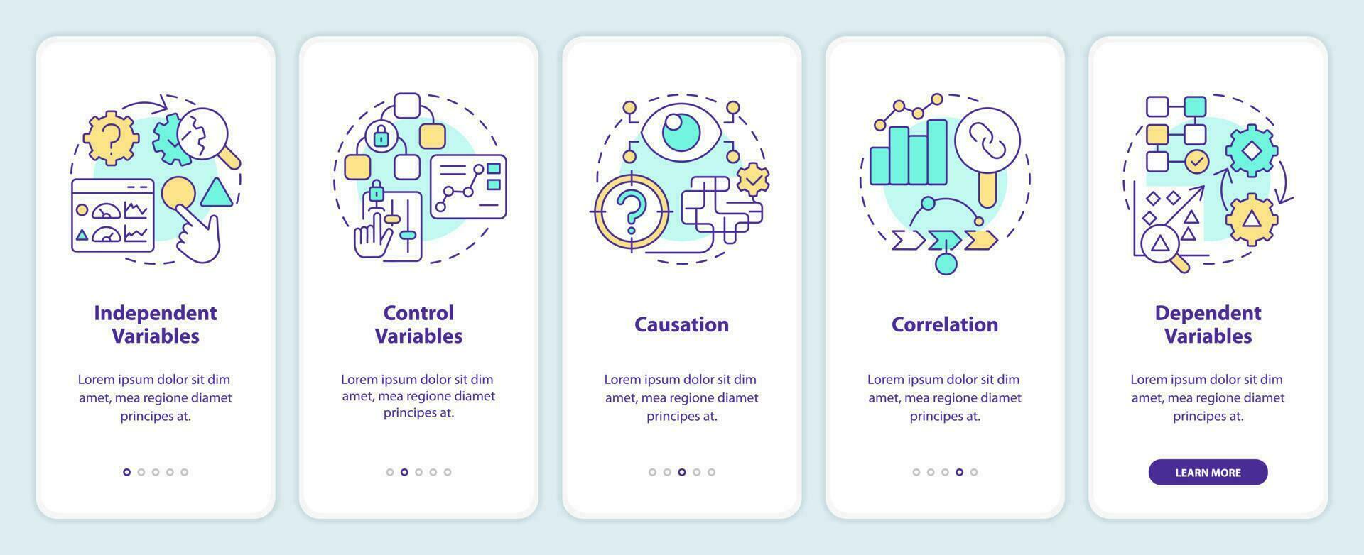 Causal research variables and principles onboarding mobile app screen. Walkthrough 5 steps editable graphic instructions with linear concepts. UI, UX, GUI template vector