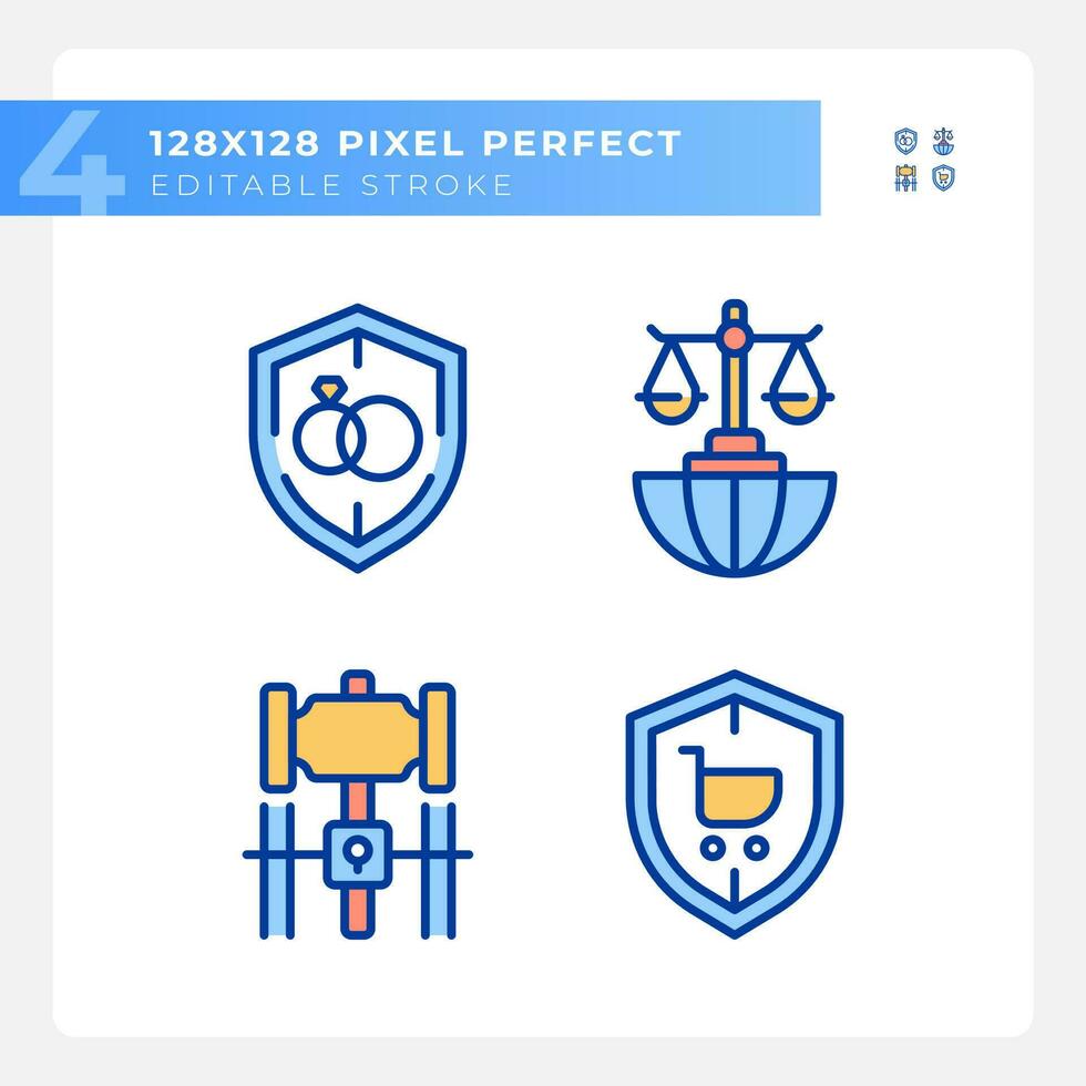 Laws protecting citizens rights pixel perfect RGB color icons set. Legal rules of society. Court processes. Isolated vector illustrations. Simple filled line drawings collection. Editable stroke