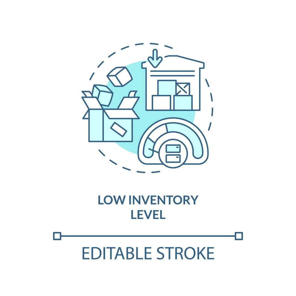 Low inventory level turquoise concept icon. Lean manufacturing. Stock turnover abstract idea thin line illustration. Isolated outline drawing. Editable stroke vector