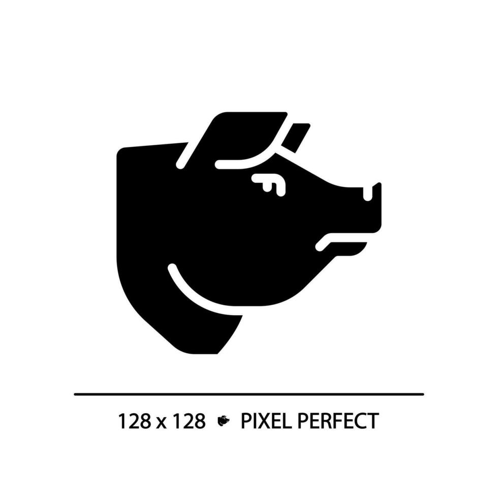 Cerdo píxel Perfecto negro glifo icono. cerdo cabeza. carne tienda. comida industria. granja animal. barbacoa menú. parilla restaurante. silueta símbolo en blanco espacio. sólido pictograma. vector aislado ilustración