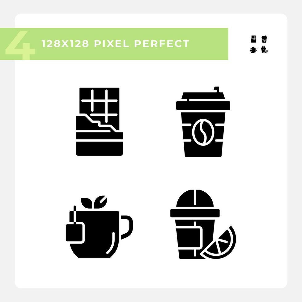 Drinks and desserts pixel perfect black glyph icons set on white space. Cafe menu. Coffee shop. Tea time. Beverage aisle. Silhouette symbols. Solid pictogram pack. Vector isolated illustration