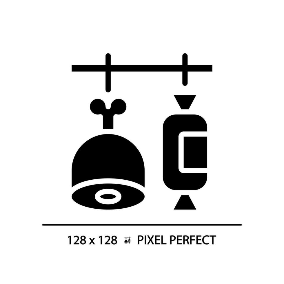 Deli pixel perfect black glyph icon. Delicatessen meat. Prepared food. Farmers market. Ready to eat. Gourmet shop. Silhouette symbol on white space. Solid pictogram. Vector isolated illustration