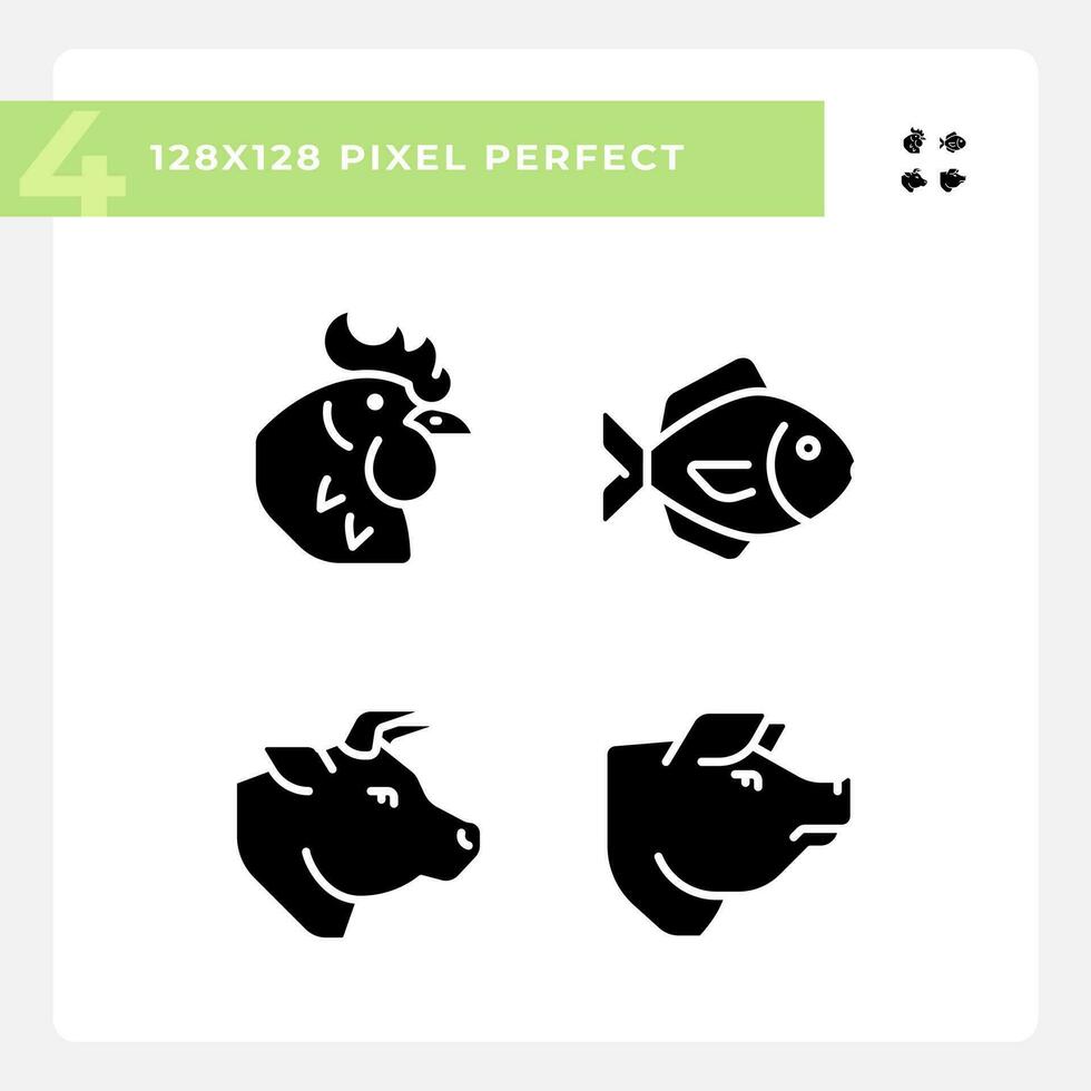 Meat and fish products pixel perfect black glyph icons set on white space. Protein source. Food group. Farm animals. Silhouette symbols. Solid pictogram pack. Vector isolated illustration