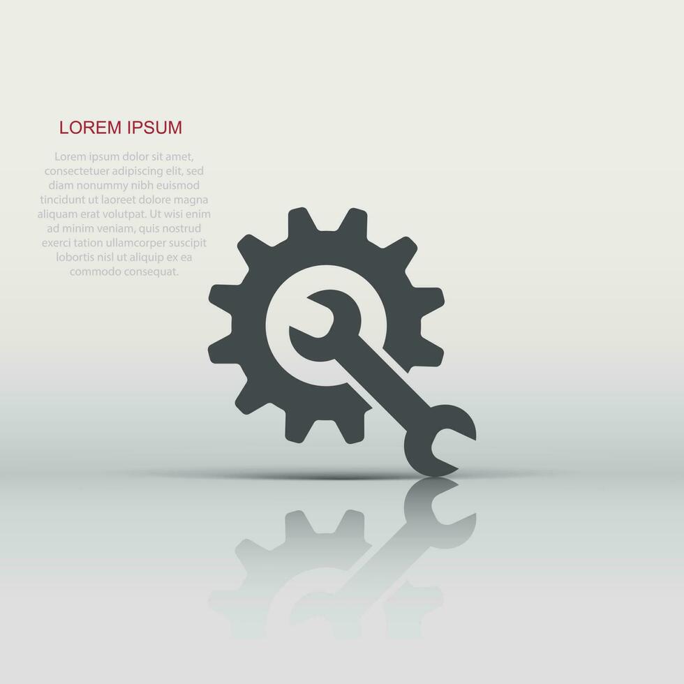 Vector service tool icon in flat style. Cogwheel with wrench sign illustration pictogram. Workshop business concept.