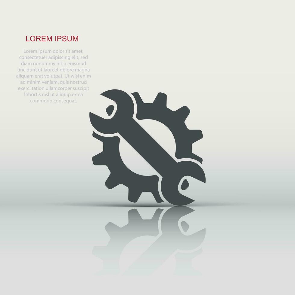Vector service tool icon in flat style. Cogwheel with wrench sign illustration pictogram. Workshop business concept.