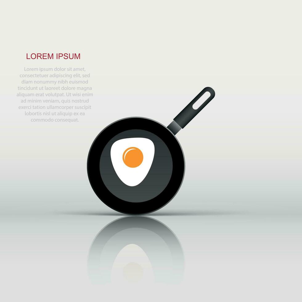 Realistic frying pan with egg icon in flat style. Cooking pan illustration on white isolated background. Skillet kitchen equipment business concept. vector