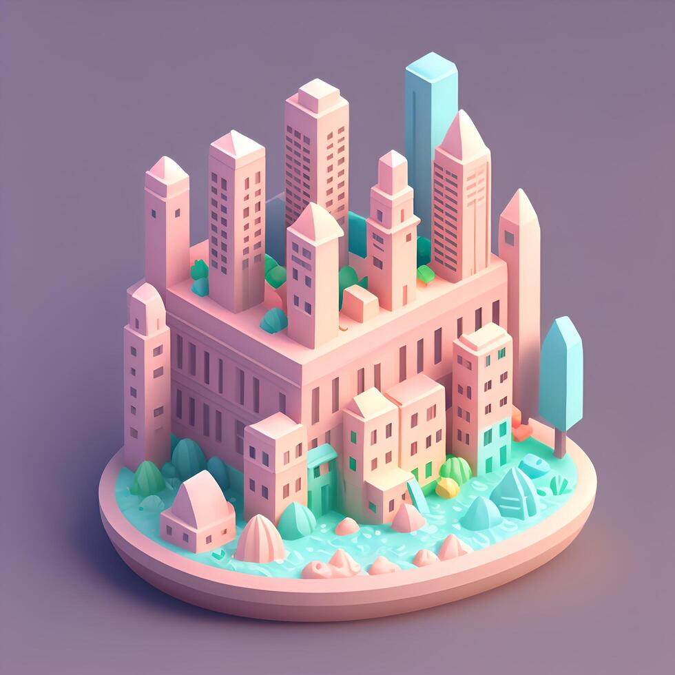 Isometric cartoon 3d of a city with a pink and blue building. photo