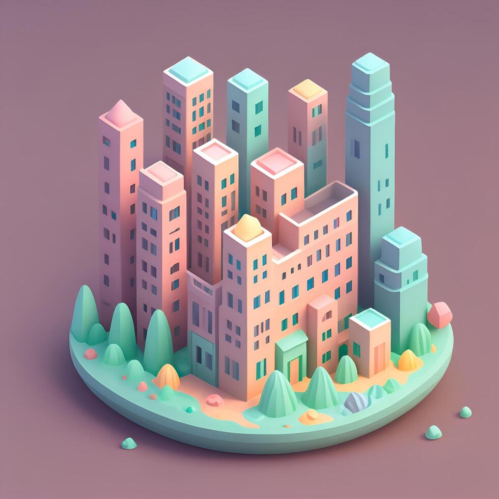 Isometric cartoon 3d of a city with a pink and blue building. photo