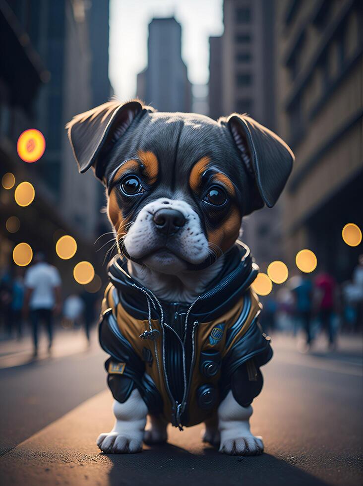 A dog wearing a jacket and a hoodie sits on a street. photo