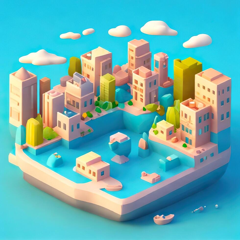 A 3d isometric cartoon style of a city with a pink and blue background. photo