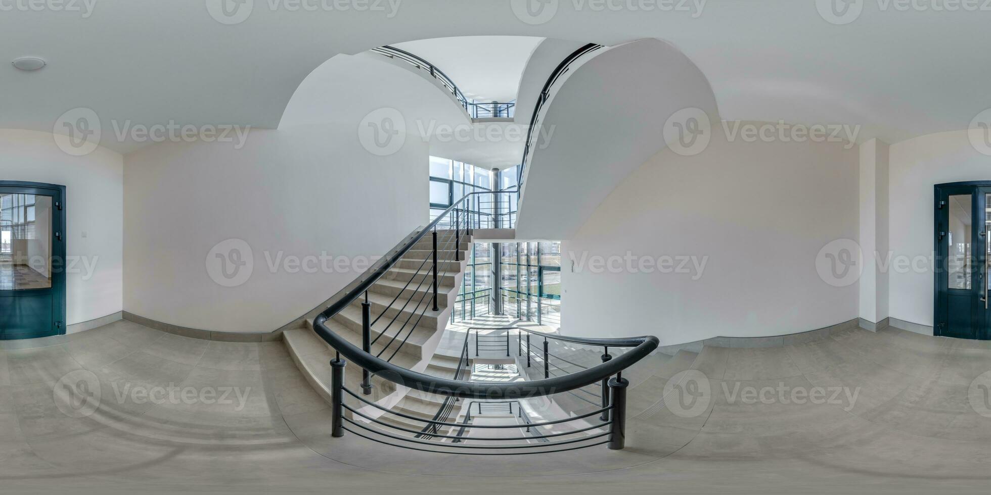 full hdri 360 panorama view in empty hall near emergency and evacuation exit stair in up ladder in new office building in equirectangular spherical projection, ready for AR VR content photo