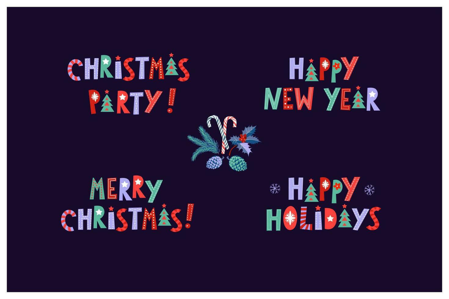 Christmas style lettering set  Happy New Year, Christmas Party, Merry Christmas Happy Holidays vector