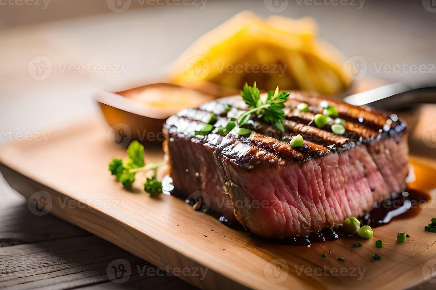Grilled beef chops with rosemary on top photo