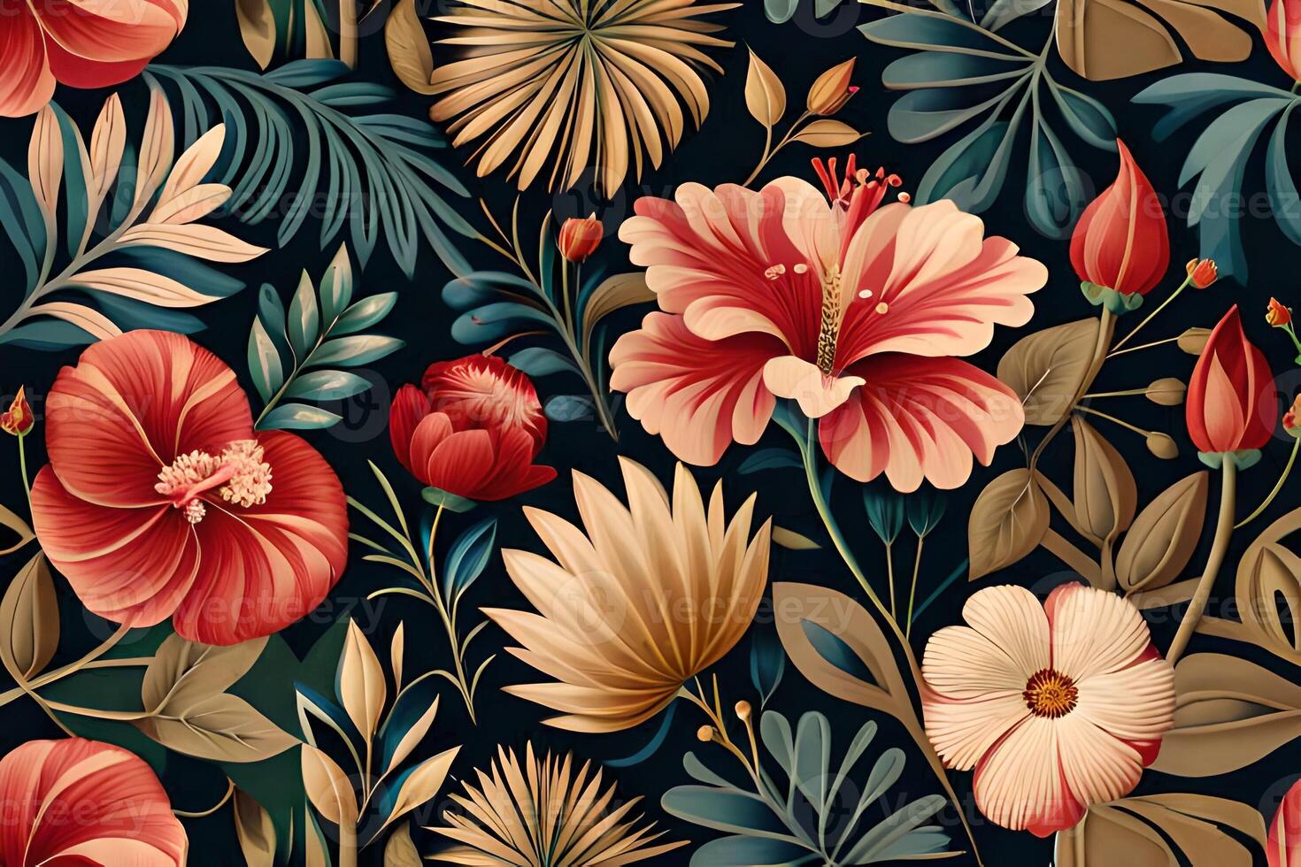 Beautiful background with hibiscus flowers and leaves photo