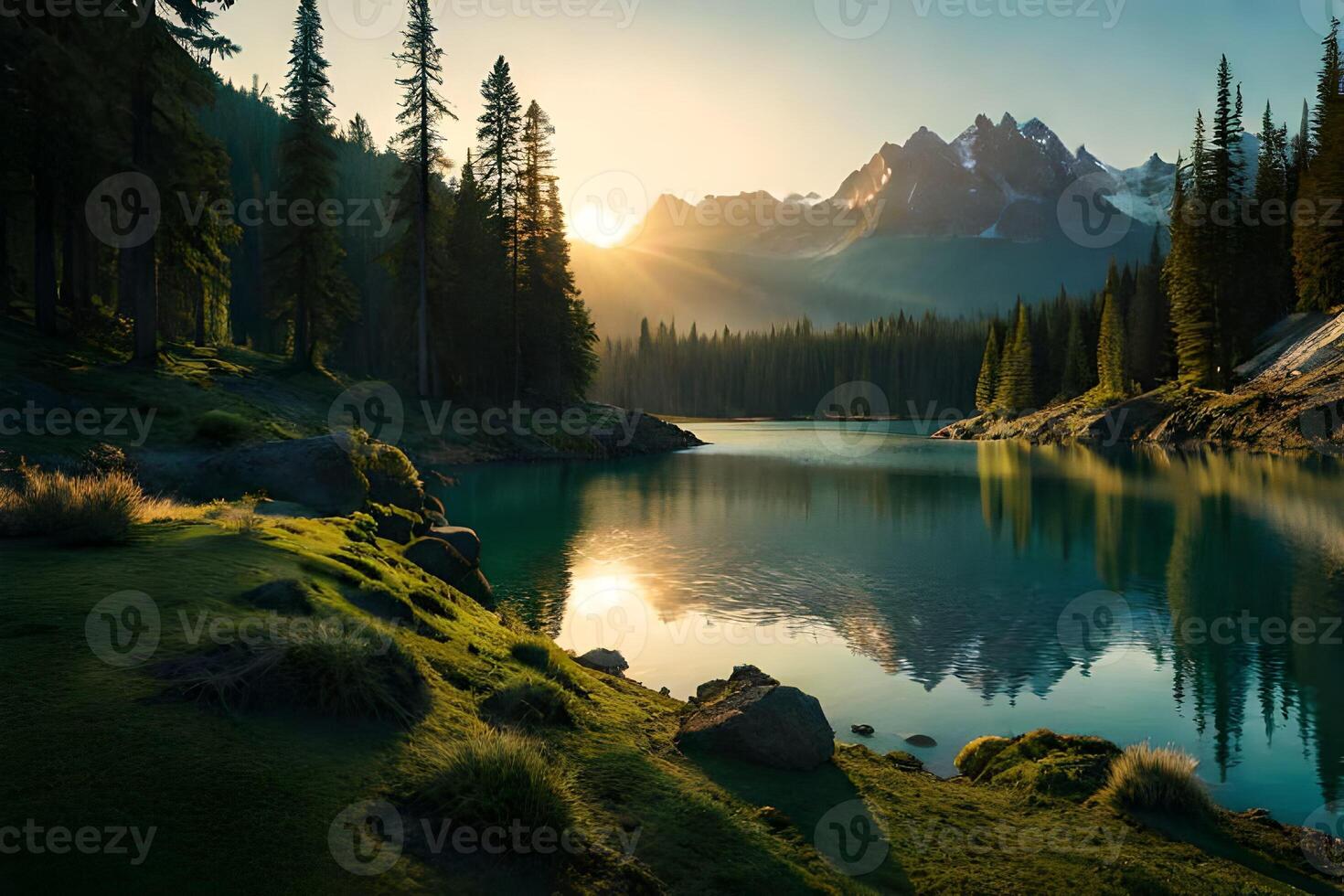 hermosa lago debajo el montañas ai generado foto