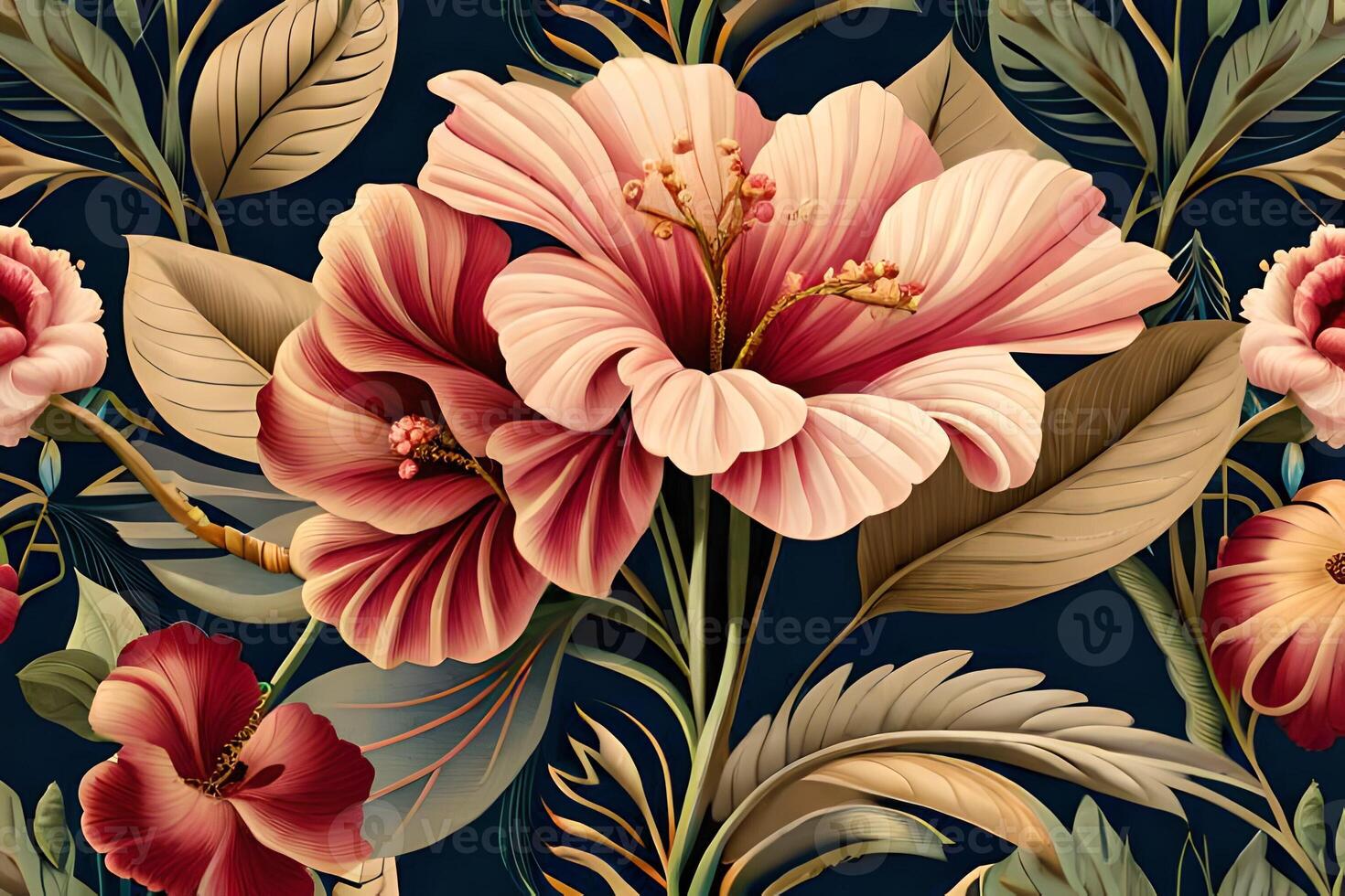 Beautiful background with hibiscus flowers and leaves photo