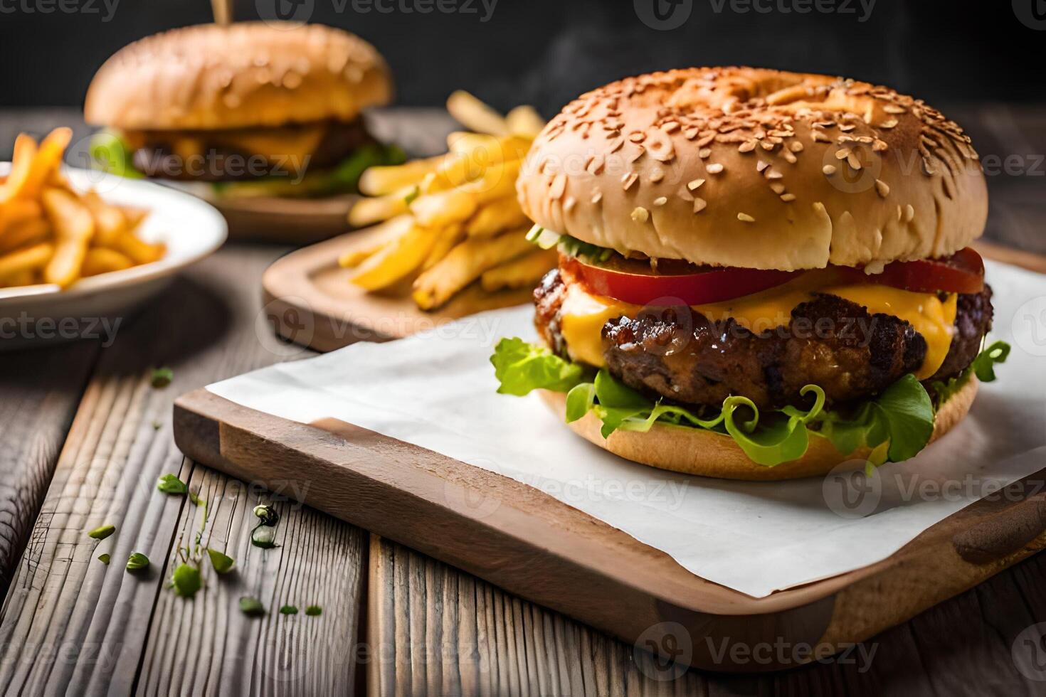 hamburguesa y francés papas fritas en negro antecedentes generativo ai foto