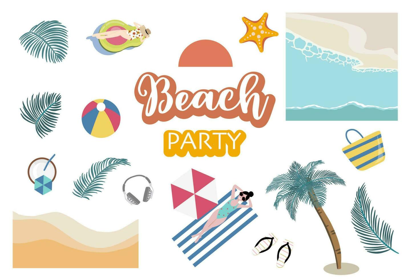 verano objeto con playa, mar, árbol, sol, gente para tarjeta postal vector