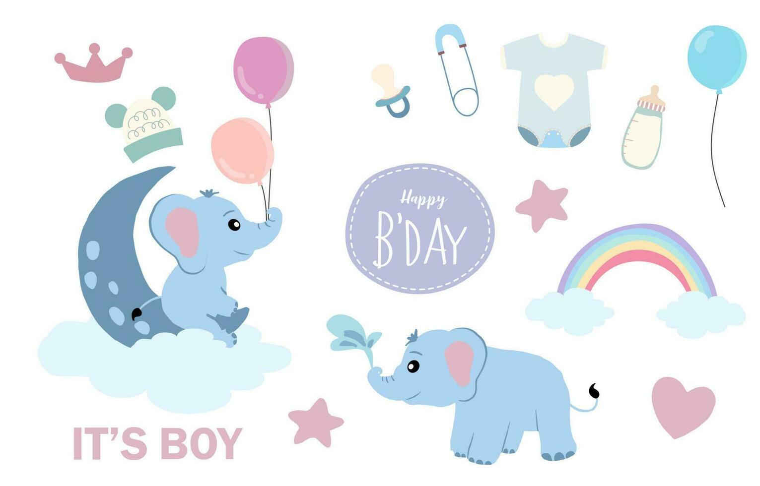 bebé elefante objeto con estrella, corazón, arco iris para cumpleaños tarjeta postal vector