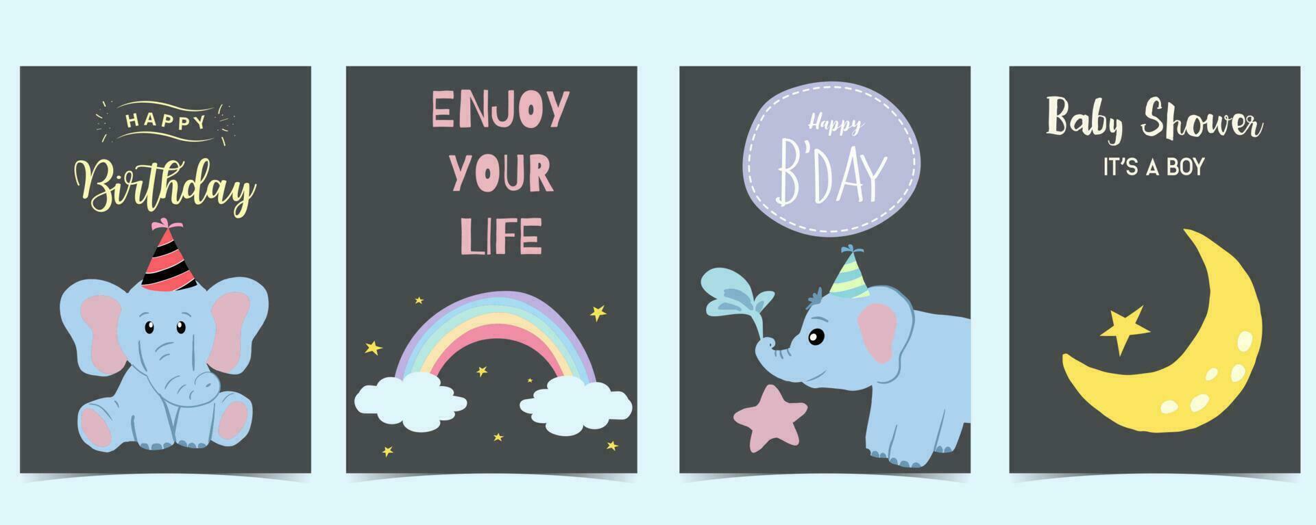 bebé elefante tarjeta postal con nube, arcoíris, Luna para cumpleaños tarjeta postal vector