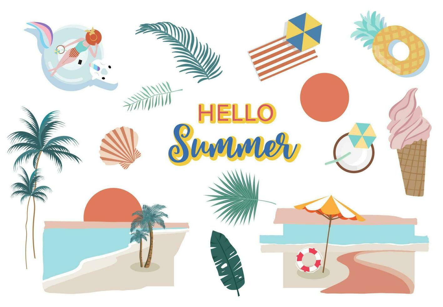 verano objeto con playa, mar, árbol, sol, gente para tarjeta postal vector