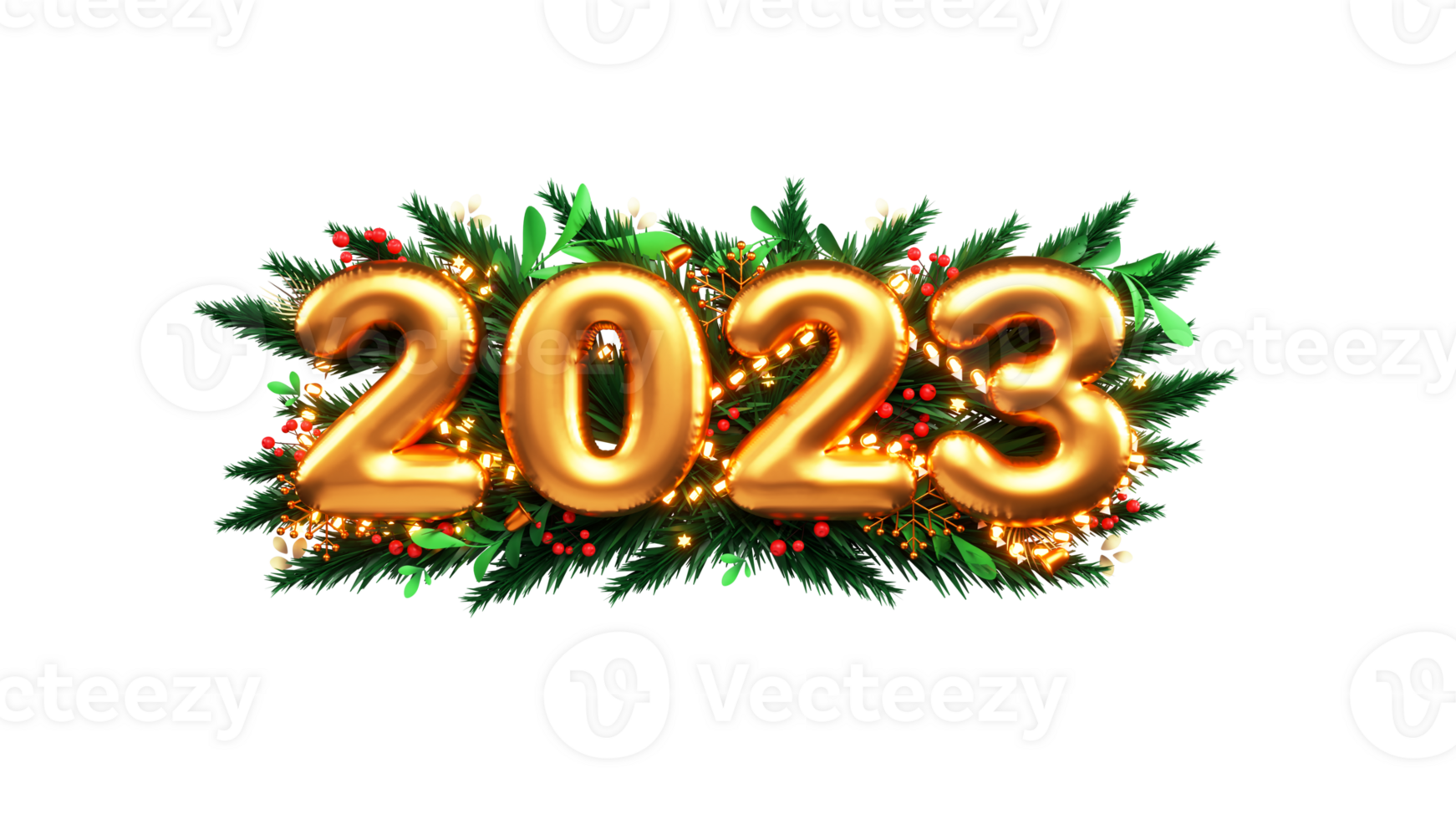 3D Golden Balloon, Fir Leaves With Berries And Lighting Garland. png