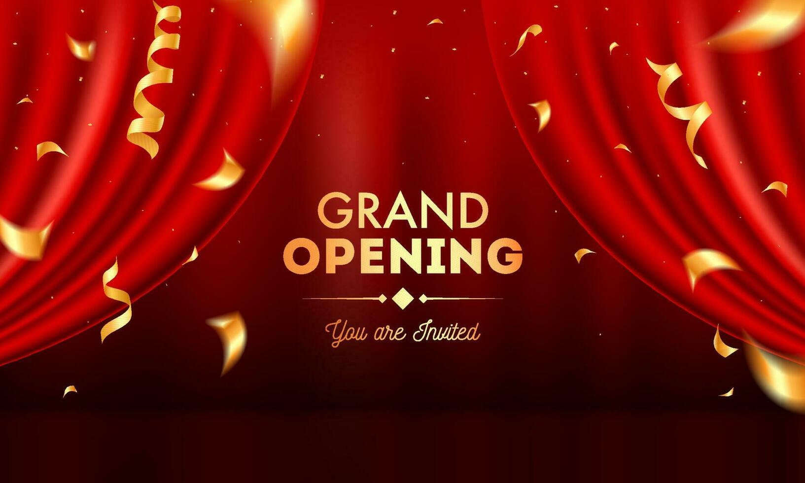 Realistic Grand Opening Invitation with Red Curtains and Golden Confetti. vector