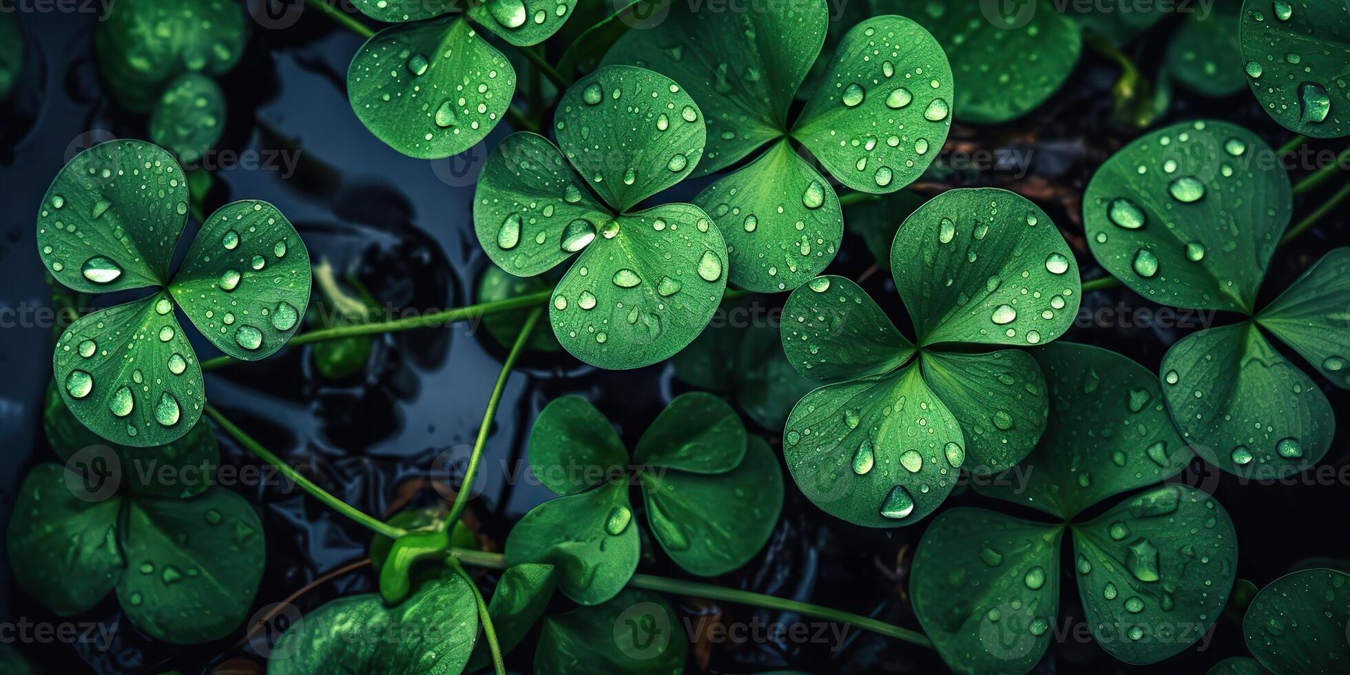 . Photo realistic illustration of top view green fresh clover leafes. Irish symbol. . Graphic Art