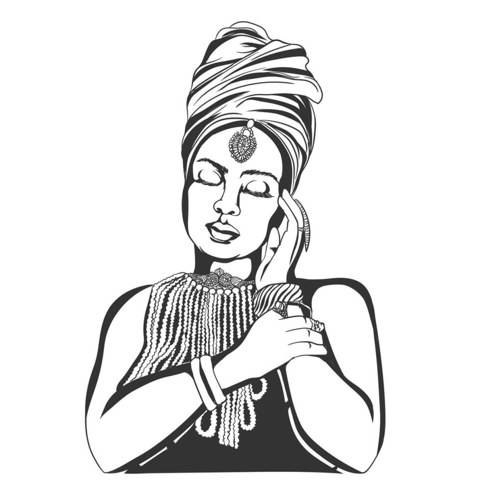 Hand-drawn glamourous beautiful woman wearing traditional cloth with ornament, raising hand pose vector portrait illustration