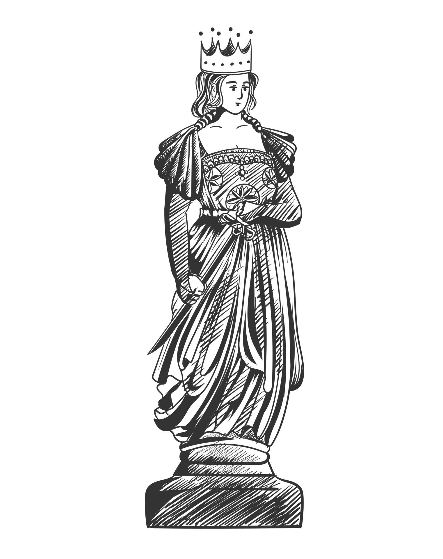 Handdrawn classical sculpture statue woman warrior standing in