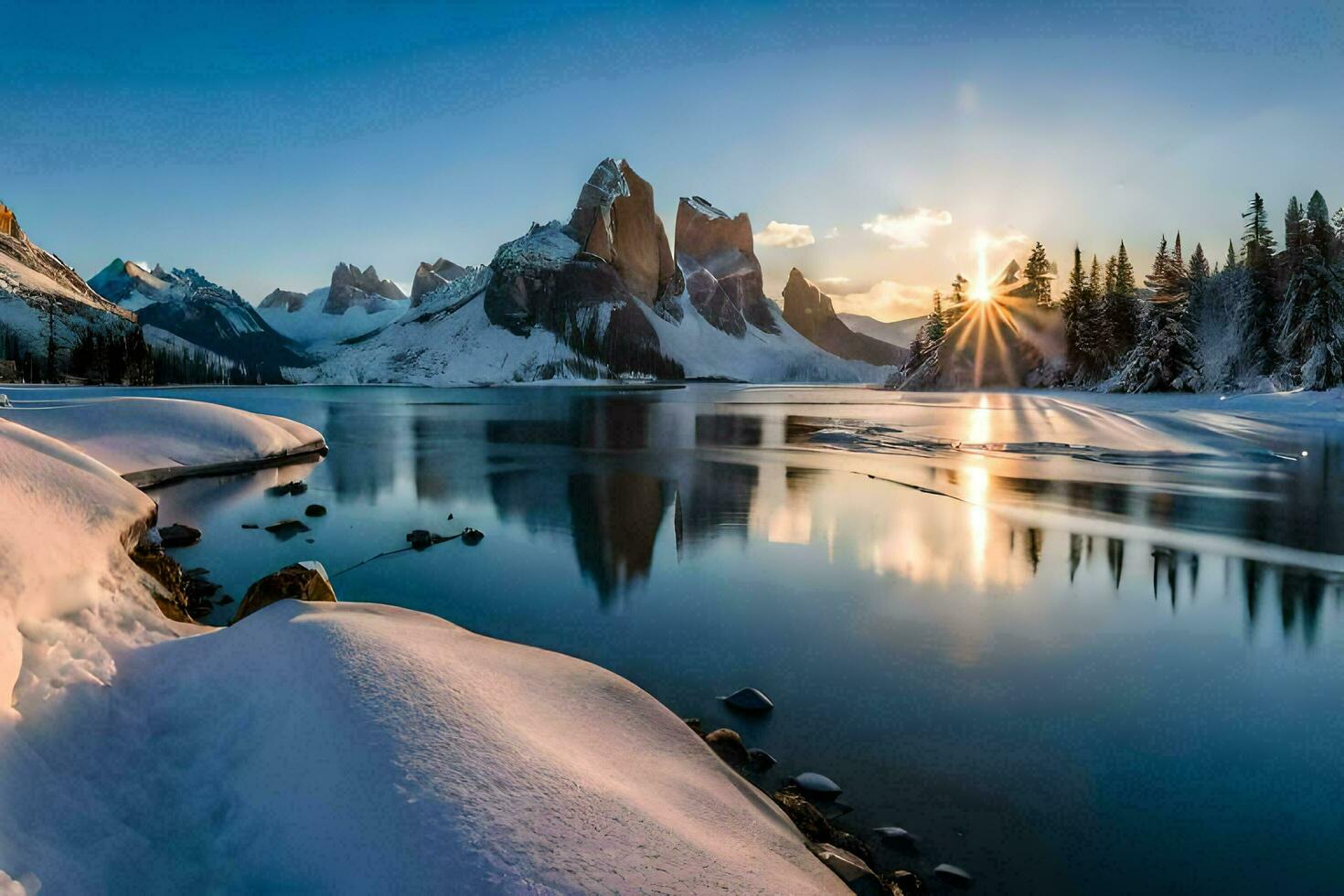 paisaje Nevado montaña con lago ai generar foto